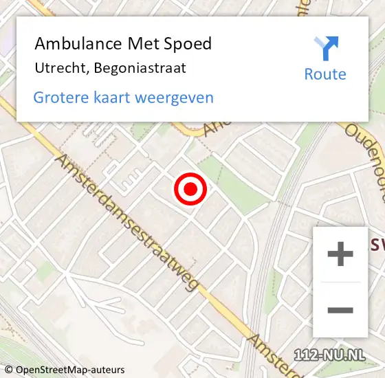 Locatie op kaart van de 112 melding: Ambulance Met Spoed Naar Utrecht, Begoniastraat op 22 juli 2016 06:57