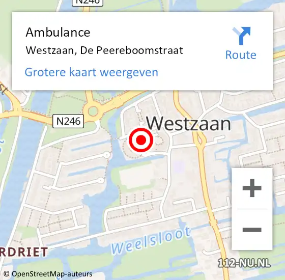 Locatie op kaart van de 112 melding: Ambulance Westzaan, De Peereboomstraat op 22 juli 2016 11:07