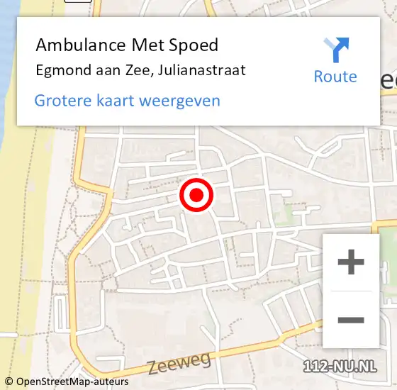 Locatie op kaart van de 112 melding: Ambulance Met Spoed Naar Egmond aan Zee, Julianastraat op 24 juli 2016 00:01