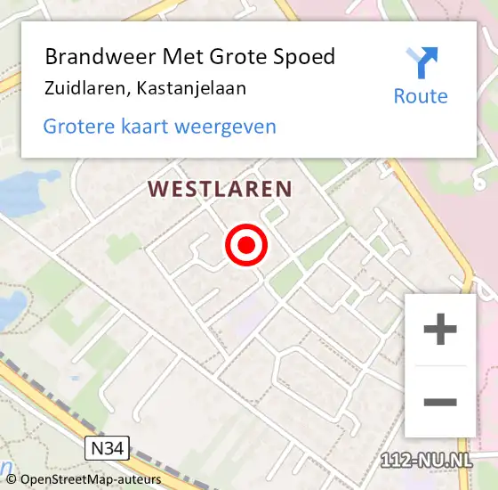 Locatie op kaart van de 112 melding: Brandweer Met Grote Spoed Naar Zuidlaren, Kastanjelaan op 24 juli 2016 00:03