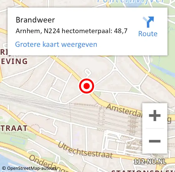 Locatie op kaart van de 112 melding: Brandweer Arnhem, N224 hectometerpaal: 48,7 op 24 juli 2016 05:51