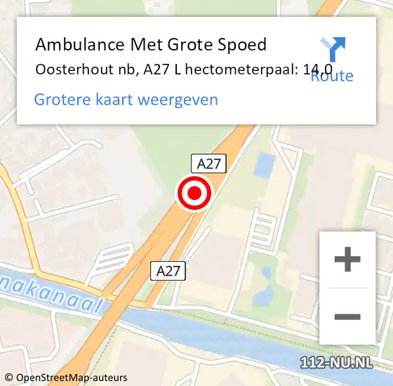 Locatie op kaart van de 112 melding: Ambulance Met Grote Spoed Naar Oosterhout nb, A27 L hectometerpaal: 14,0 op 25 juli 2016 18:48