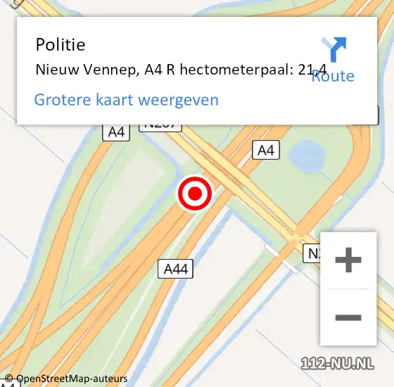 Locatie op kaart van de 112 melding: Politie Nieuw Vennep, A4 R hectometerpaal: 21,4 op 25 juli 2016 23:28