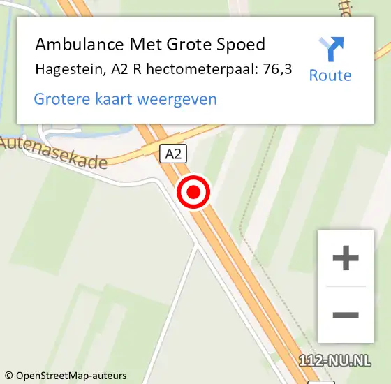 Locatie op kaart van de 112 melding: Ambulance Met Grote Spoed Naar Hagestein, A2 R hectometerpaal: 76,3 op 26 juli 2016 18:25