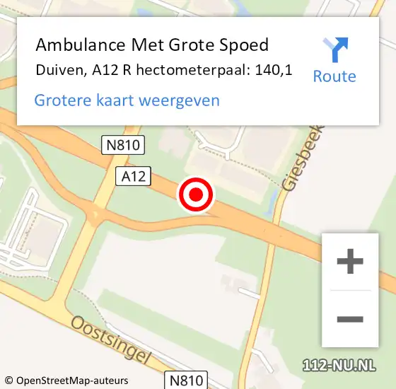 Locatie op kaart van de 112 melding: Ambulance Met Grote Spoed Naar Duiven, A12 L hectometerpaal: 135,9 op 26 juli 2016 19:10