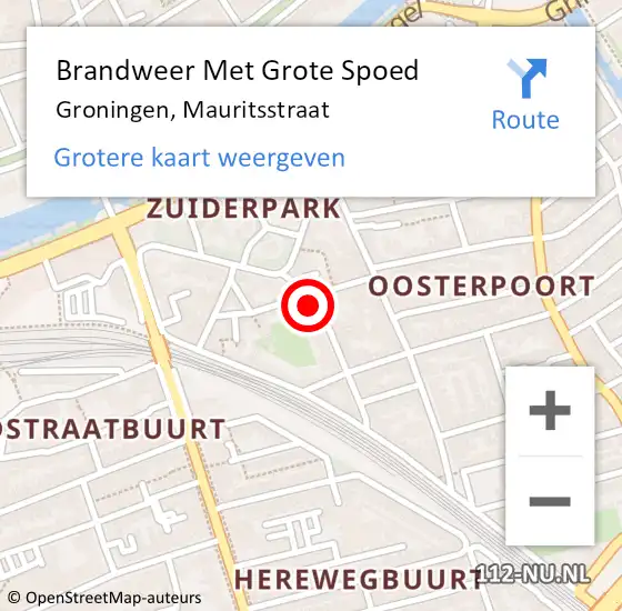 Locatie op kaart van de 112 melding: Brandweer Met Grote Spoed Naar Groningen, Mauritsstraat op 27 juli 2016 14:52