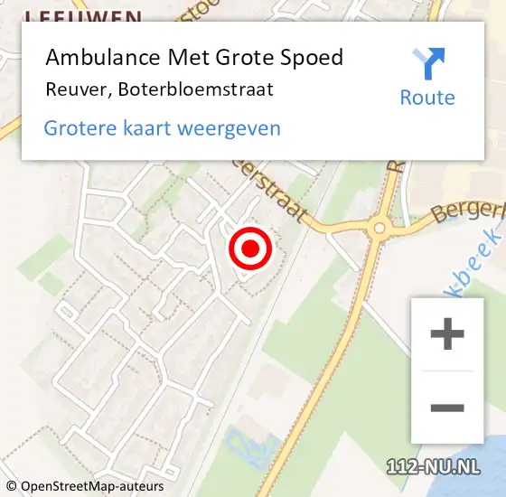 Locatie op kaart van de 112 melding: Ambulance Met Grote Spoed Naar Reuver, Boterbloemstraat op 27 juli 2016 18:36