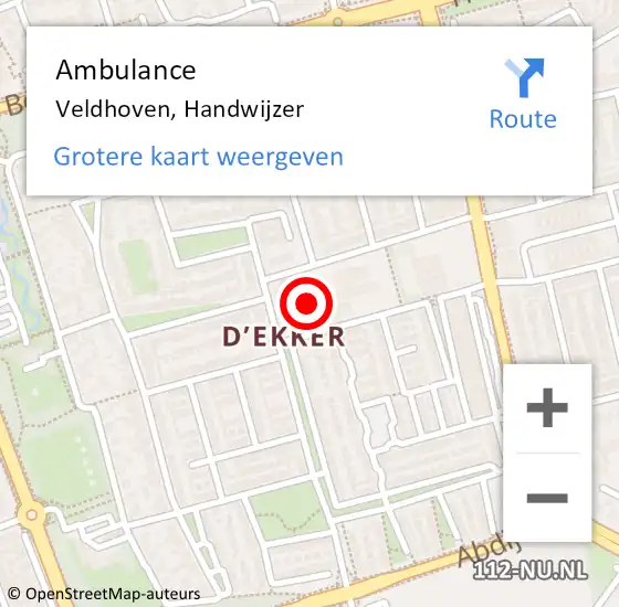 Locatie op kaart van de 112 melding: Ambulance Veldhoven, Handwijzer op 28 juli 2016 09:00