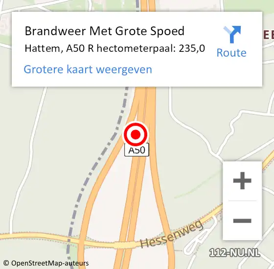 Locatie op kaart van de 112 melding: Brandweer Met Grote Spoed Naar Hattem, A50 R hectometerpaal: 238,0 op 28 juli 2016 14:11