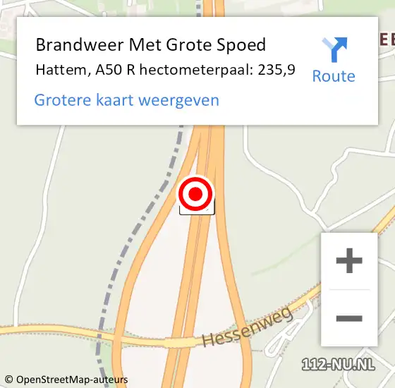 Locatie op kaart van de 112 melding: Brandweer Met Grote Spoed Naar Hattem, A50 R hectometerpaal: 239,5 op 28 juli 2016 14:59