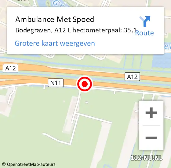 Locatie op kaart van de 112 melding: Ambulance Met Spoed Naar Bodegraven, A12 L hectometerpaal: 35,1 op 28 juli 2016 18:02