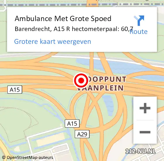 Locatie op kaart van de 112 melding: Ambulance Met Grote Spoed Naar Barendrecht, A15 R op 28 juli 2016 19:41