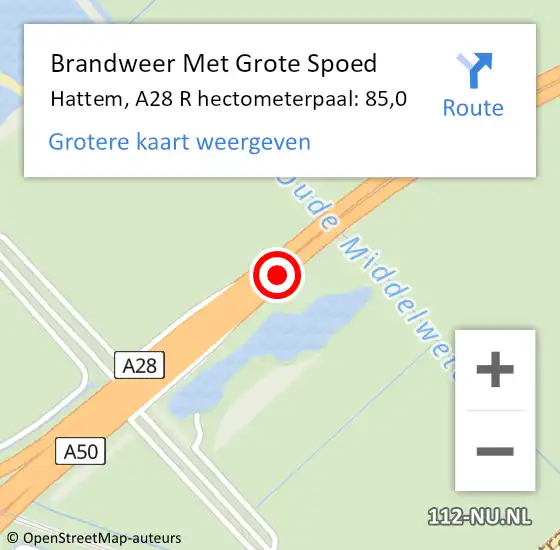 Locatie op kaart van de 112 melding: Brandweer Met Grote Spoed Naar Hattem, A28 L hectometerpaal: 85,1 op 29 juli 2016 07:27