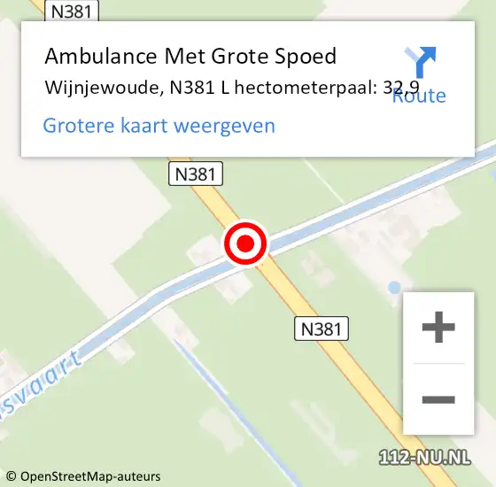 Locatie op kaart van de 112 melding: Ambulance Met Grote Spoed Naar Wijnjewoude, N381 L hectometerpaal: 32,9 op 29 juli 2016 12:48