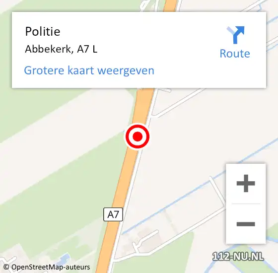 Locatie op kaart van de 112 melding: Politie Abbekerk, A7 L op 30 juli 2016 18:00