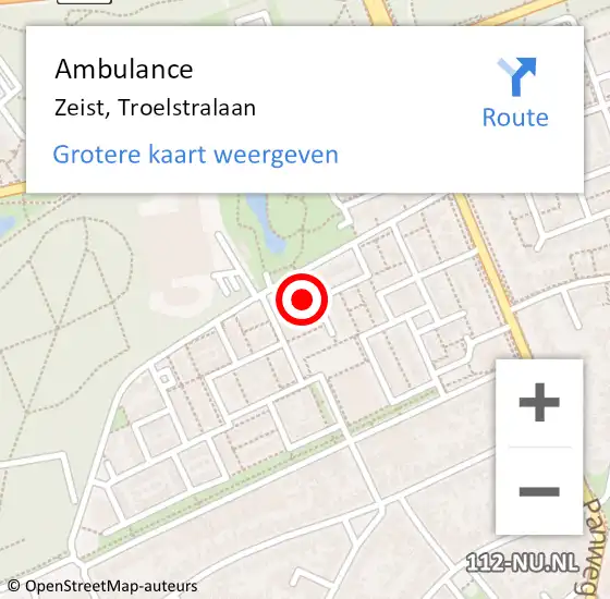 Locatie op kaart van de 112 melding: Ambulance Zeist, Troelstralaan op 30 juli 2016 22:33