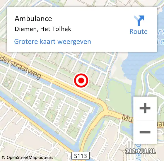 Locatie op kaart van de 112 melding: Ambulance Diemen, Het Tolhek op 31 juli 2016 20:09