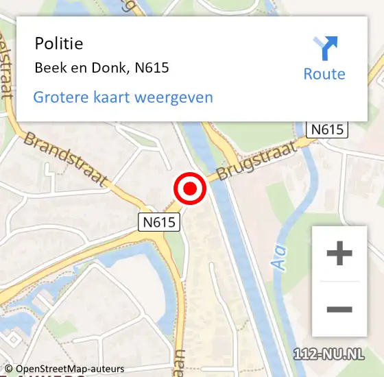 Locatie op kaart van de 112 melding: Politie Beek en Donk, N615 op 2 augustus 2016 01:14