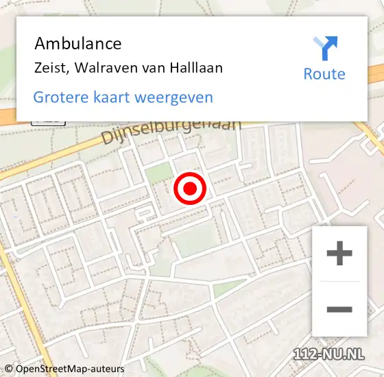 Locatie op kaart van de 112 melding: Ambulance Zeist, Walraven van Halllaan op 2 augustus 2016 08:02