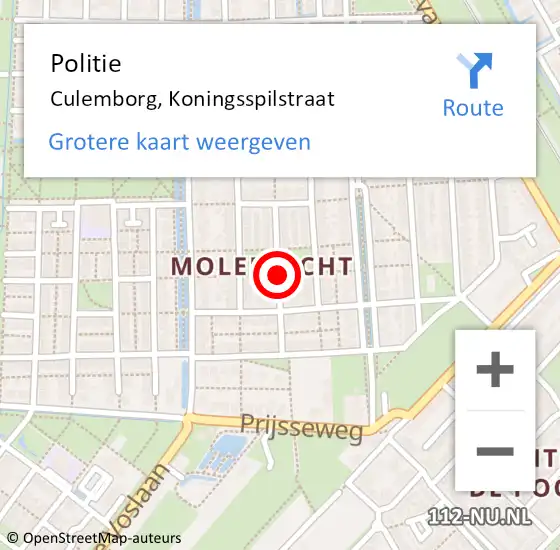 Locatie op kaart van de 112 melding: Politie Culemborg, Koningsspilstraat op 2 augustus 2016 08:53