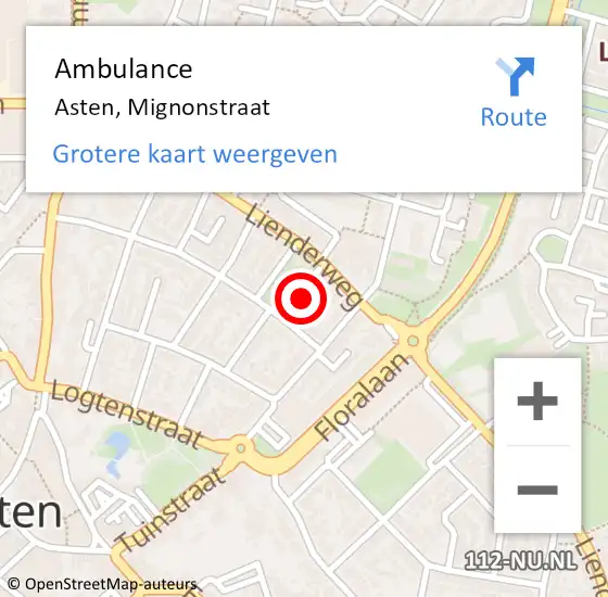 Locatie op kaart van de 112 melding: Ambulance Asten, Mignonstraat op 2 augustus 2016 13:31