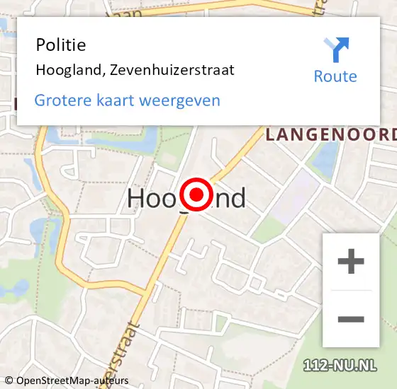 Locatie op kaart van de 112 melding: Politie Hoogland, Zevenhuizerstraat op 2 augustus 2016 15:34
