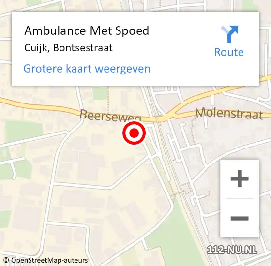 Locatie op kaart van de 112 melding: Ambulance Met Spoed Naar Cuijk, Bontsestraat op 2 augustus 2016 21:52
