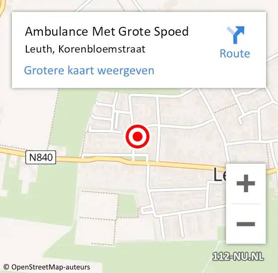 Locatie op kaart van de 112 melding: Ambulance Met Grote Spoed Naar Leuth, Korenbloemstraat op 2 augustus 2016 22:34