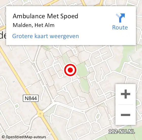 Locatie op kaart van de 112 melding: Ambulance Met Spoed Naar Malden, Het Alm op 4 augustus 2016 06:06