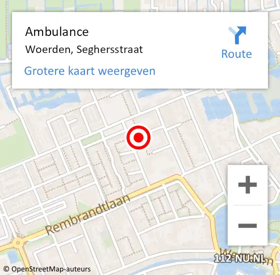 Locatie op kaart van de 112 melding: Ambulance Woerden, Seghersstraat op 4 augustus 2016 13:57
