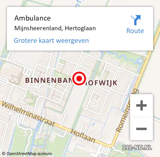 Locatie op kaart van de 112 melding: Ambulance Mijnsheerenland, Hertoglaan op 5 augustus 2016 07:08