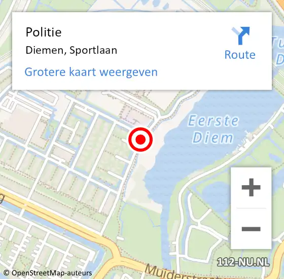 Locatie op kaart van de 112 melding: Politie Diemen, Sportlaan op 5 augustus 2016 16:50