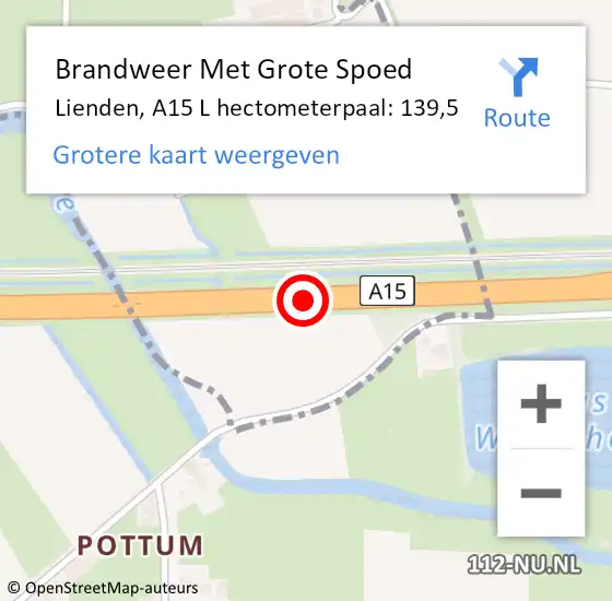 Locatie op kaart van de 112 melding: Brandweer Met Grote Spoed Naar Lienden, A15 L hectometerpaal: 139,5 op 6 augustus 2016 08:10