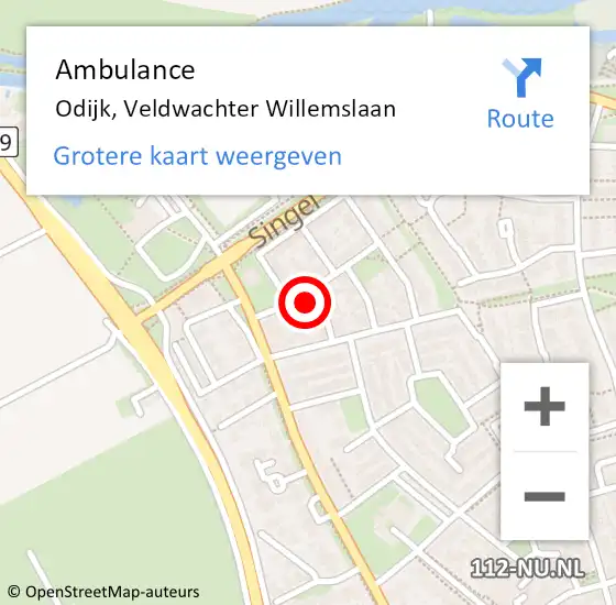 Locatie op kaart van de 112 melding: Ambulance Odijk, Veldwachter Willemslaan op 6 augustus 2016 12:31