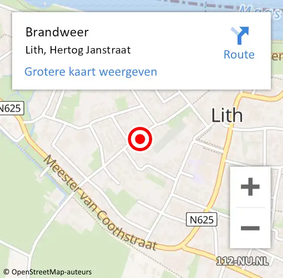 Locatie op kaart van de 112 melding: Brandweer Lith, Hertog Janstraat op 7 augustus 2016 14:34