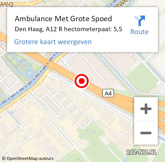 Locatie op kaart van de 112 melding: Ambulance Met Grote Spoed Naar Den Haag, A12 R hectometerpaal: 4,0 op 7 augustus 2016 15:56