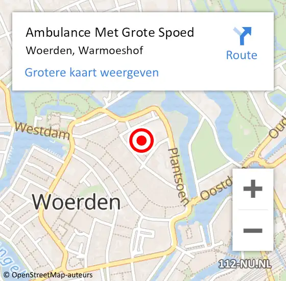 Locatie op kaart van de 112 melding: Ambulance Met Grote Spoed Naar Woerden, Warmoeshof op 7 augustus 2016 16:36