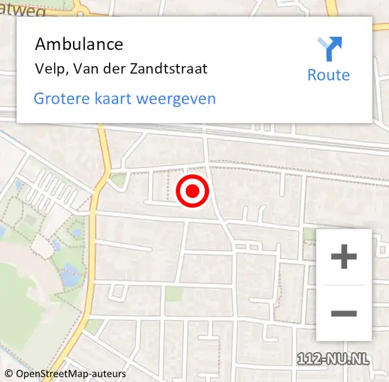 Locatie op kaart van de 112 melding: Ambulance Velp, Van der Zandtstraat op 8 augustus 2016 01:00