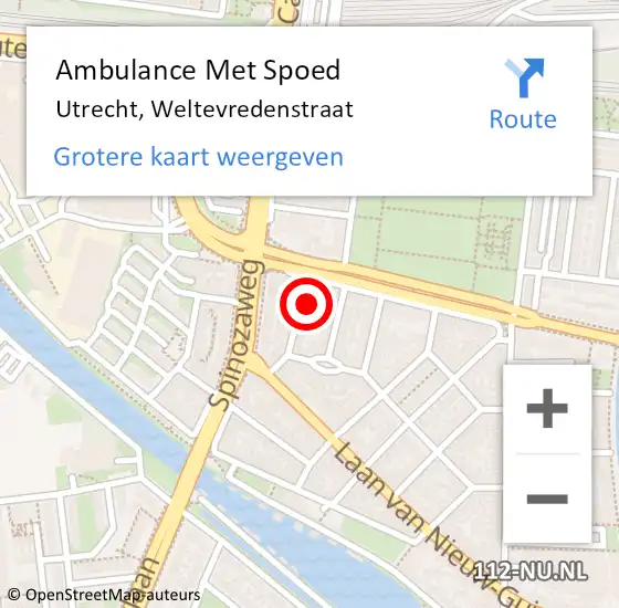 Locatie op kaart van de 112 melding: Ambulance Met Spoed Naar Utrecht, Weltevredenstraat op 8 augustus 2016 01:51