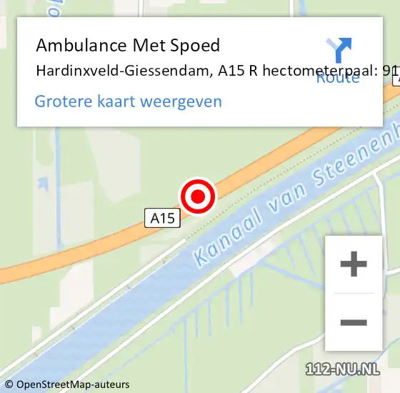 Locatie op kaart van de 112 melding: Ambulance Met Spoed Naar Hardinxveld-Giessendam, A15 R hectometerpaal: 88,6 op 8 augustus 2016 10:35