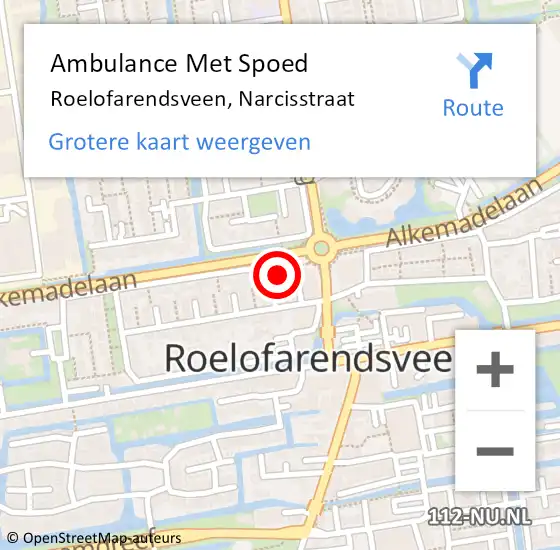 Locatie op kaart van de 112 melding: Ambulance Met Spoed Naar Roelofarendsveen, Narcisstraat op 8 augustus 2016 16:23