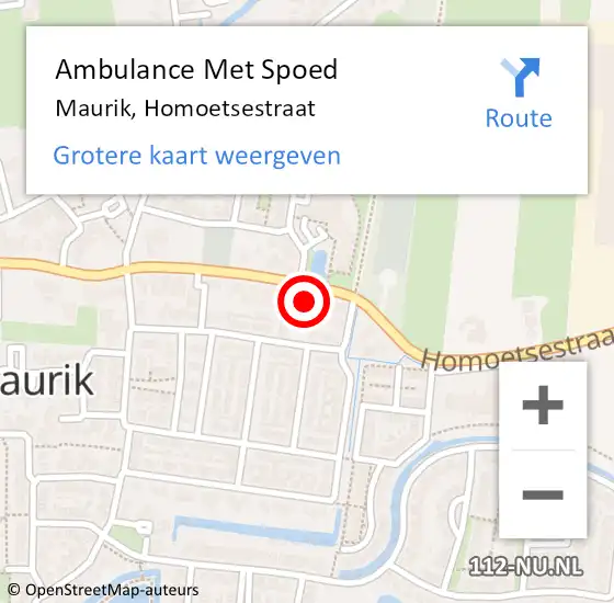 Locatie op kaart van de 112 melding: Ambulance Met Spoed Naar Maurik, Homoetsestraat op 9 augustus 2016 12:08