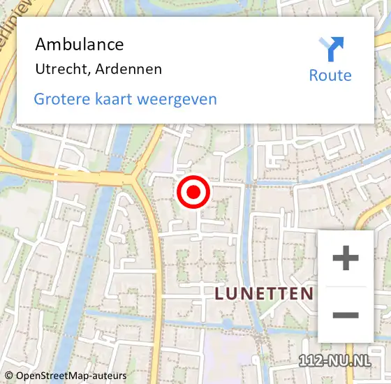 Locatie op kaart van de 112 melding: Ambulance Utrecht, Ardennen op 9 augustus 2016 12:45