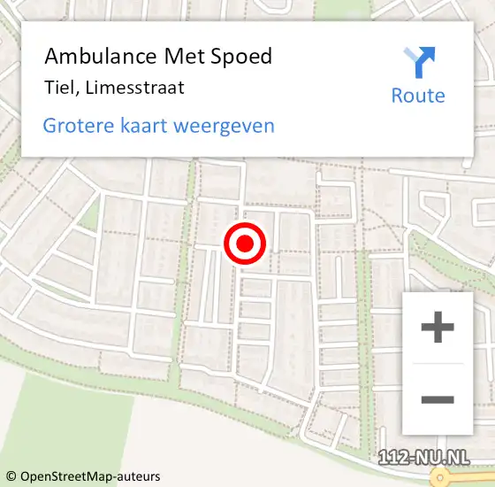 Locatie op kaart van de 112 melding: Ambulance Met Spoed Naar Tiel, Limesstraat op 9 augustus 2016 17:48