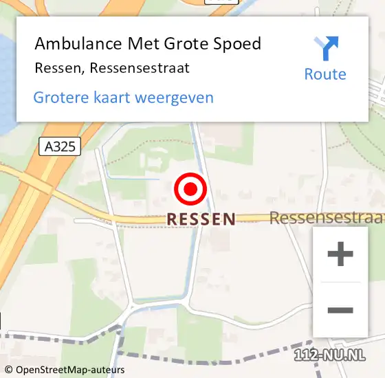 Locatie op kaart van de 112 melding: Ambulance Met Grote Spoed Naar Ressen, Ressensestraat op 9 augustus 2016 18:17