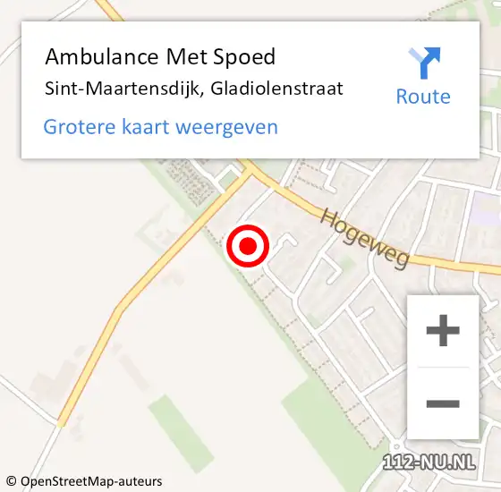 Locatie op kaart van de 112 melding: Ambulance Met Spoed Naar Sint-Maartensdijk, Gladiolenstraat op 10 augustus 2016 12:49