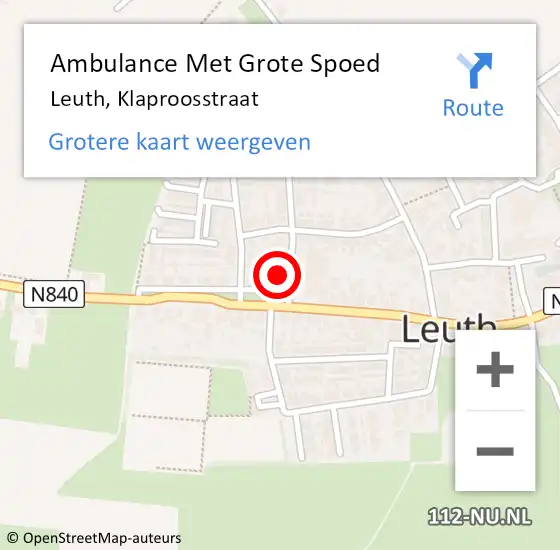 Locatie op kaart van de 112 melding: Ambulance Met Grote Spoed Naar Leuth, Klaproosstraat op 10 augustus 2016 21:12