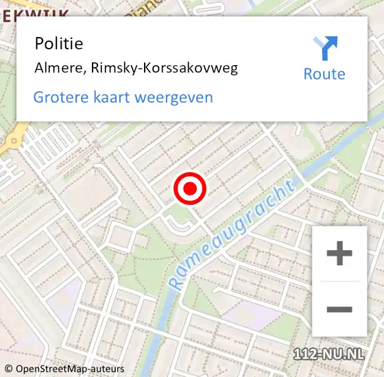 Locatie op kaart van de 112 melding: Politie Almere, Rimsky-Korssakovweg op 11 augustus 2016 05:58