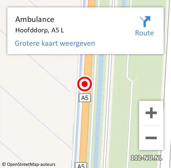 Locatie op kaart van de 112 melding: Ambulance Hoofddorp, A5 L op 11 augustus 2016 10:18