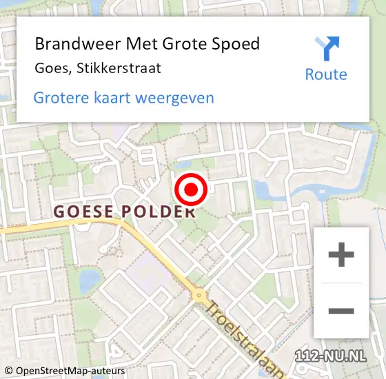 Locatie op kaart van de 112 melding: Brandweer Met Grote Spoed Naar Goes, Stikkerstraat op 11 augustus 2016 12:51